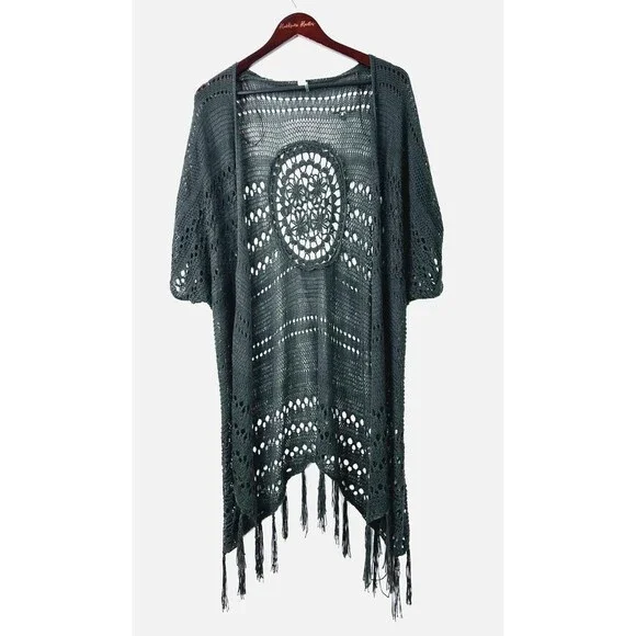Womens Sleeveless Long Crochet Shawl Open Cardigan Cover Up Fringe Gray Sz S - Picture 3 of 12